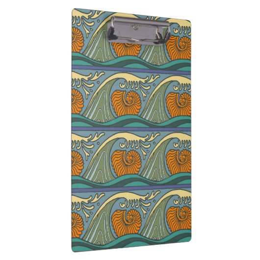 Blue Ocean Waves Nautilus Seashell Patroon Nouveau Klembord (Rechts)