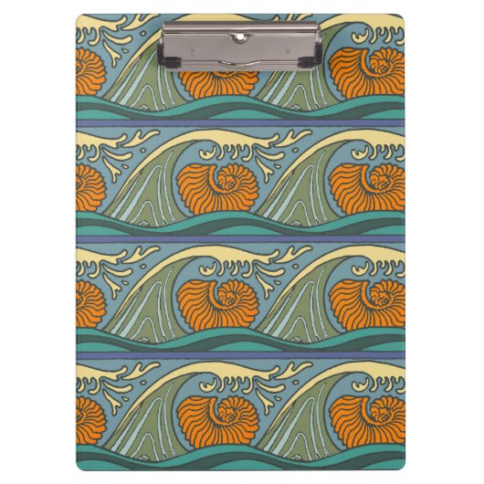 Blue Ocean Waves Nautilus Seashell Patroon Nouveau Klembord (Voorkant)