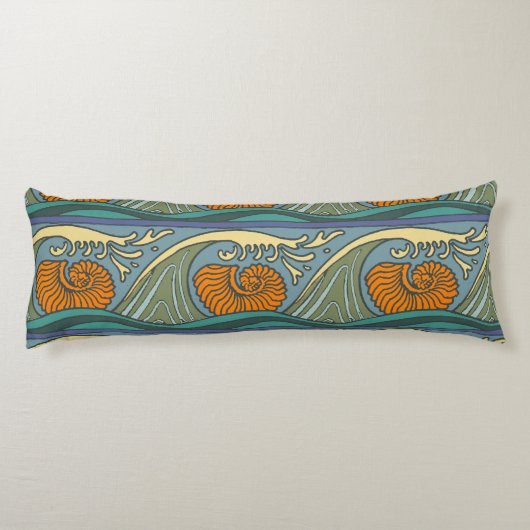 Blue Ocean Waves Nautilus Seashell Patroon Nouveau Lichaamskussen (Achterkant)