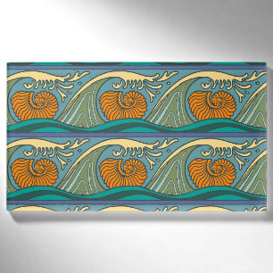 Blue Ocean Waves Nautilus Seashell Patroon Nouveau Naambadge