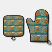 Blue Ocean Waves Nautilus Seashell Patroon Nouveau Ovenwant & Pannenlap Set (Voorkant)