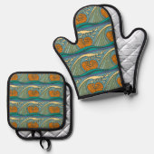 Blue Ocean Waves Nautilus Seashell Patroon Nouveau Ovenwant & Pannenlap Set (Voorkant / Achterkant)
