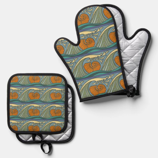 Blue Ocean Waves Nautilus Seashell Patroon Nouveau Ovenwant & Pannenlap Set (Voorkant / Achterkant)