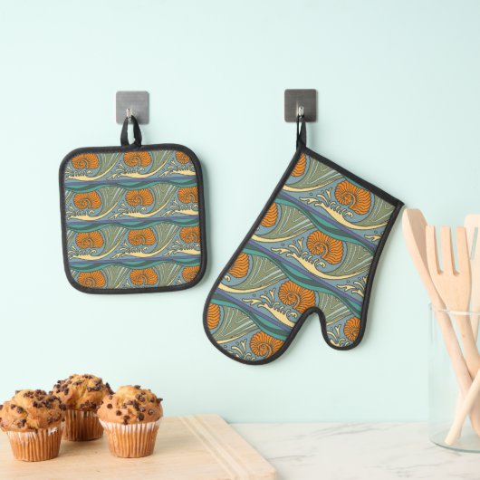 Blue Ocean Waves Nautilus Seashell Patroon Nouveau Ovenwant & Pannenlap Set (Insitu(Ophanging))