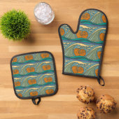 Blue Ocean Waves Nautilus Seashell Patroon Nouveau Ovenwant & Pannenlap Set (Top down)