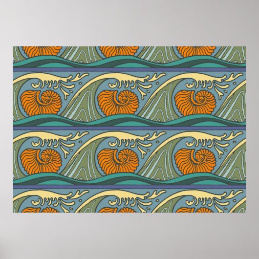 Blue Ocean Waves Nautilus Seashell Patroon Nouveau Poster (Voorkant)