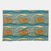 Blue Ocean Waves Nautilus Seashell Patroon Nouveau Theedoek (Horizontaal)