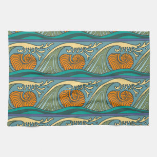 Blue Ocean Waves Nautilus Seashell Patroon Nouveau Theedoek