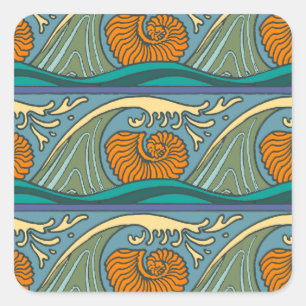 Blue Ocean Waves Nautilus Seashell Patroon Nouveau Vierkante Sticker