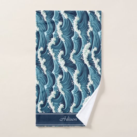 Blue Ocean Waves patroon aangepaste naam Bad Handdoek (Handdoek)