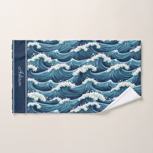 Blue Ocean Waves patroon aangepaste naam Bad Handdoek (Handdoek)