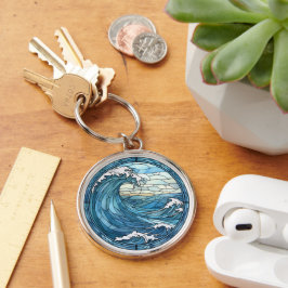 Blue Ocean Waves Sunset Glas in lood Sleutelhanger