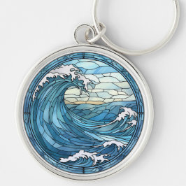Blue Ocean Waves Sunset Glas in lood Sleutelhanger