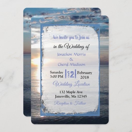 Blue Ocean Waves Sunset Wedding Invitations Kaart (Voorkant / Achterkant)