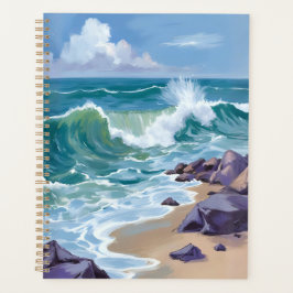 Blue Ocean Waves Watercolor Painting Planner