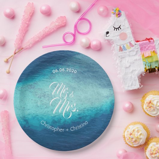 Blue Ocean White Sand Beach Wedding Custom Papieren Bordje (Feest)