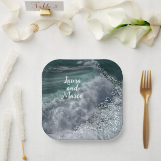 Blue ocean with drawn hearts papieren bordje