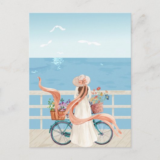 Blue Ocean zomer meisje met fiets Briefkaart (Voorkant)