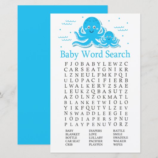 Blue Octopus Baby shower Word Search Game (Voorkant / Achterkant)