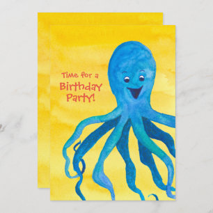 Blue Octopus Birthday Party Invitation Kaart