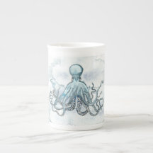 Blue Octopus Bone China Mok Tea Koffee Ocean Beach