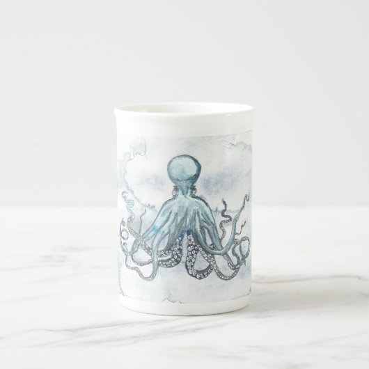 Blue Octopus Bone China Mok Tea Koffee Ocean Beach (Voorkant)