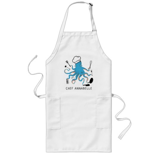 Blue Octopus Chef Personaliseer lang Schort (Voorkant)