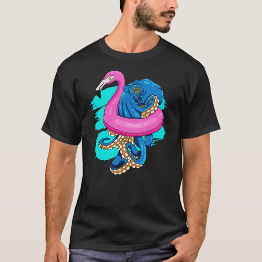Blue Octopus In Pink Flamingo Swimming Pool Fun Oc T-shirt (Voorkant)