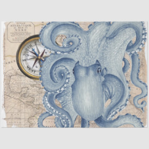 Blue Octopus  Map Compass Nautical Tissuepapier