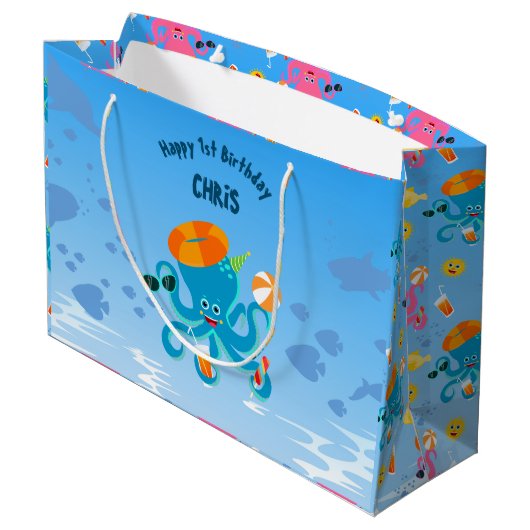 Blue Octopus Onder het Zee Boy Verjaardagsfeest Groot Cadeauzakje (Achterkant Gekanteld)