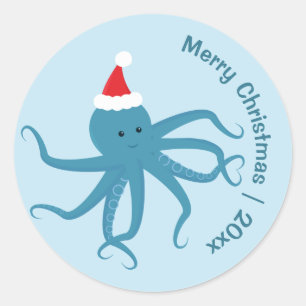 Blue Octopus Santa Merry Kerstmis Ronde Sticker