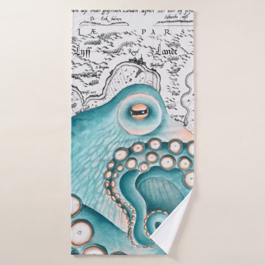 Blue Octopus Vintage Map Nautical Art (Serviette de bain)