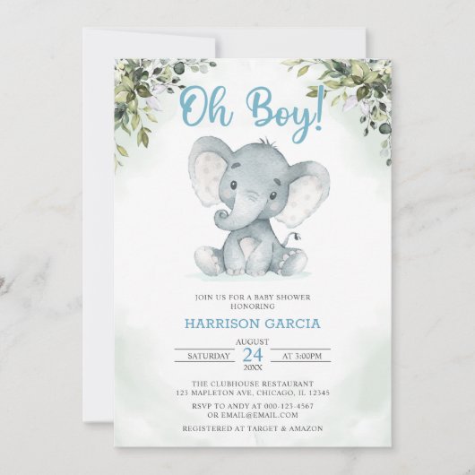Blue Oh Boy Cute Elephant Baby shower Invitation (Devant)
