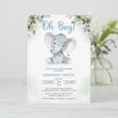 Blue Oh Boy Cute Elephant Baby shower Invitation (Debout devant)