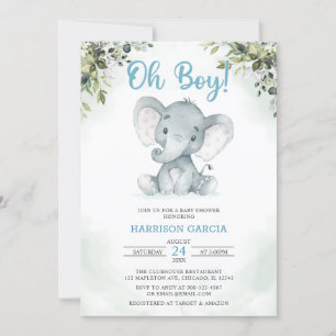 Blue Oh Boy Cute Elephant Baby shower Invitation Kaart