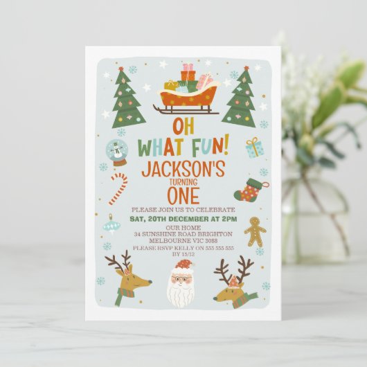 Blue Oh Wat een leuke kerst 1e verjaardag uitnodig Kaart (Staand voorkant)