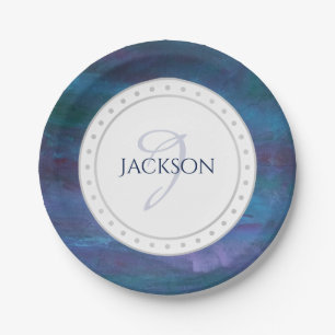Blue Ombre Abstract Blauwgroen Paars monogram Vi Papieren Bordje