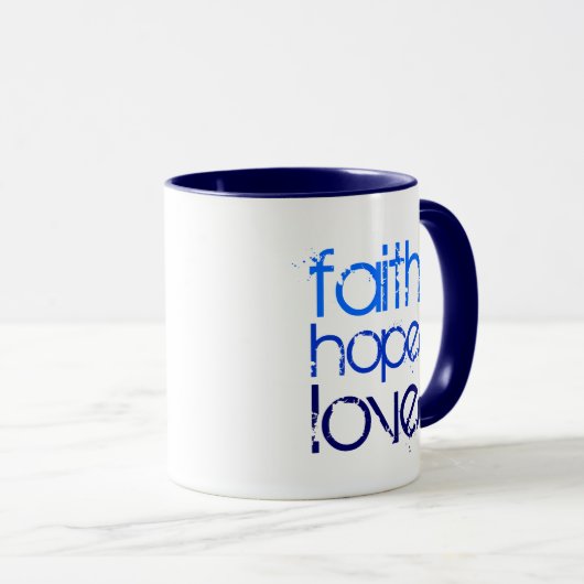 Blue Ombre Distress Font Faith Hope and Love Mok (Voorkant rechts)