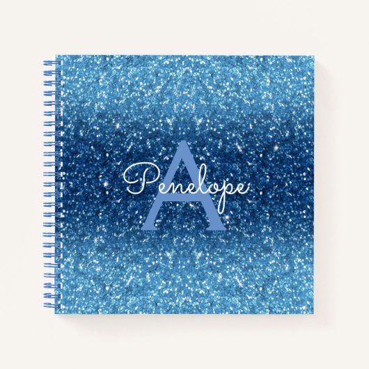 Blue Ombre Glitter en Monogram Sketchbook Notitieboek (Voorkant)