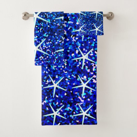 Blue Ombre Teal Sparkle Glittery Starfish Patterns Bad Handdoek (Insitu)