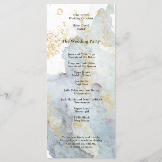 Blue Ombre Waterverf Goud Bruin Script Bruiloft Programma (Achterkant)
