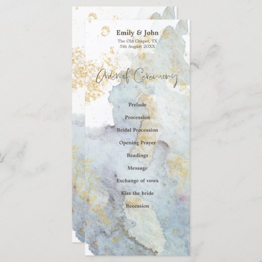 Blue Ombre Waterverf Goud Bruin Script Bruiloft Programma (Voorkant / Achterkant)