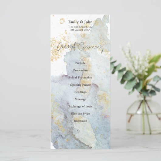 Blue Ombre Waterverf Goud Bruin Script Bruiloft Programma (Staand voorkant)