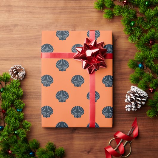 blue on orange scallop shelled wrapping paper cadeaupapier (Feestdagen Geschenken)