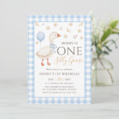 Blue One Gekke Goose 1st Birthday Invitation Kaart (Staand voorkant)