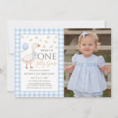 Blue One Gekke Goose 1st Birthday Photo Invitation Kaart (Voorkant)