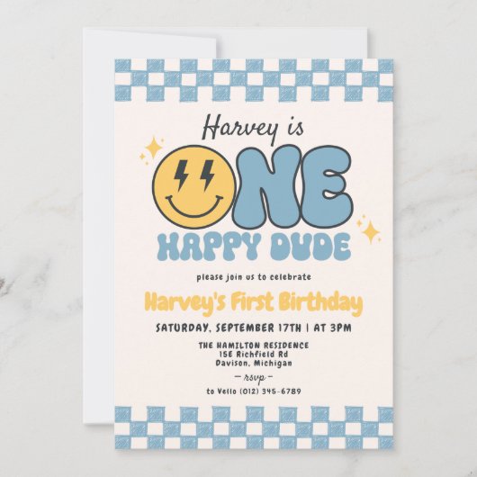 Blue ONE HAPPY DUDE Smile Retro Groovy Verjaardag Kaart (Voorkant)