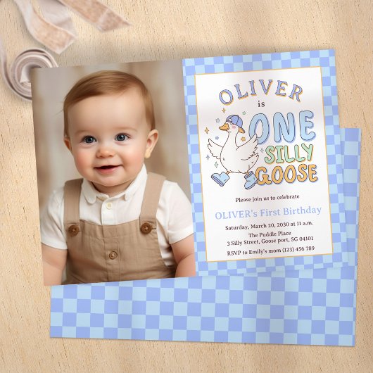 Blue One Silly Goose - Boy 1st Birthday Photo Kaart
