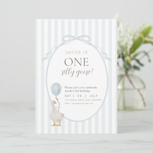 Blue One Silly Goose First Birthday Invitation (Debout devant)