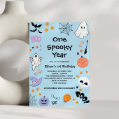 Blue One Spooky Year Ghost Halloween 1st Birthday Kaart